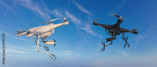 Fototapeta Naklejka Na Ścianę i Meble -  An aerial drone (quadcopter) is a robot character with remote or independent control. Meeting of two different robots in flight. 3d illustration.
