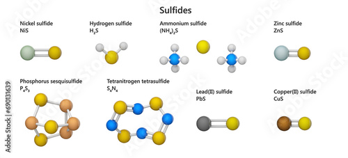 Sulfide (sulphide) is an inorganic anion of sulfur with the chemical formula S2?. Sulfides of nickel, hydrogen, ammonium, zinc, phosphorus, nitrogen, lead and copper. 3d illustration. photo