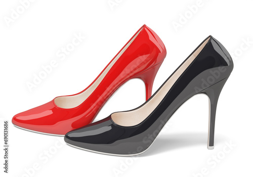 Elegant women's high-heeled shoes. Patent leather. Black and red colors. Isolated on white background