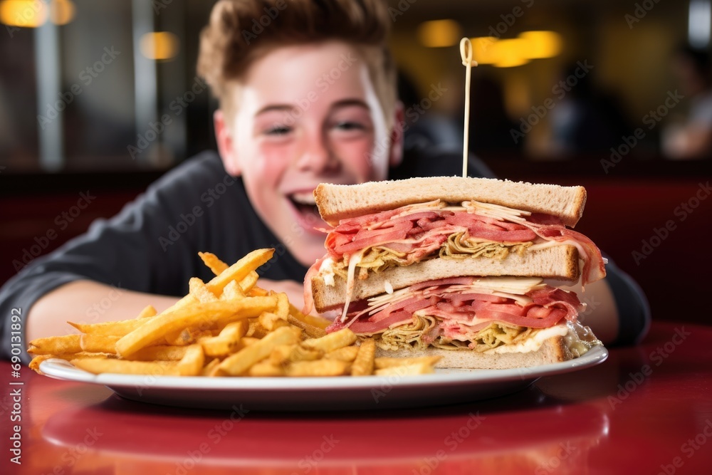 a teenager enjoying a reuben sandwich at a diner booth a teenager enjoying a reuben sandwich at a diner booth