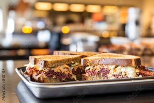 packed reuben sandwich sitting on a deli counter © primopiano