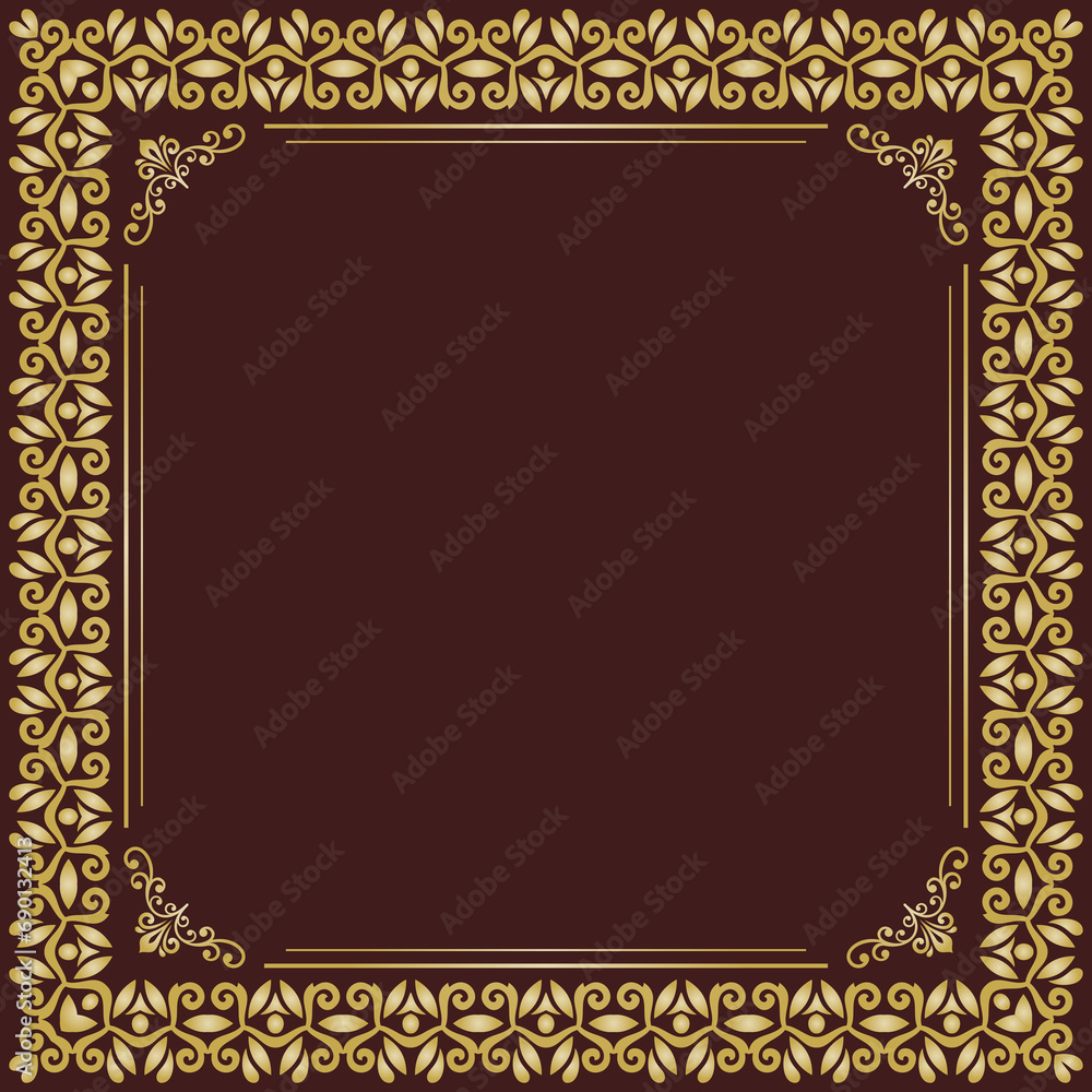 Classic vintage square brown and golden frame with arabesques and orient elements. Abstract ornament with place for text. Vintage pattern