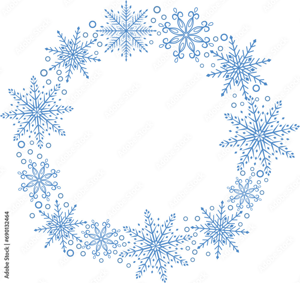 Christmas frame made of blue snowflakes. Vector frame with magical blue snowflakes on a transparent background. Abstract illustration of merry Christmas and New Year holidays.