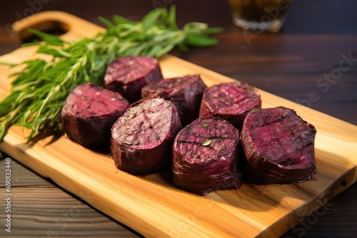 roasted beets served on a wooden board