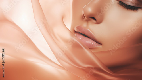 Beauty close up of woman perfect skin texture on a pastel peach fuzz trend color smooth silk fabric. 