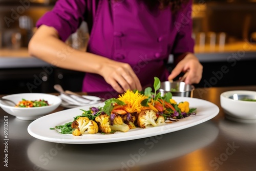 girl demonstrating plating technique with colorful roasted cauliflower dish
