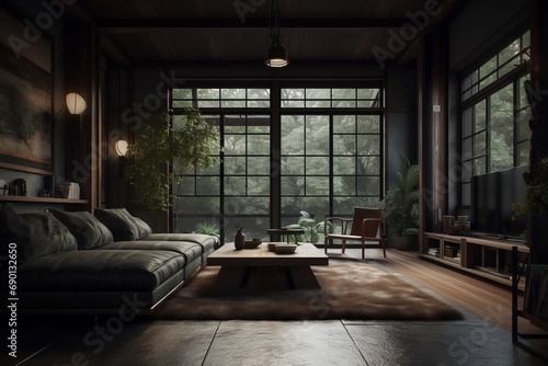 Interior of living room in dark colors in modern house. © tynza