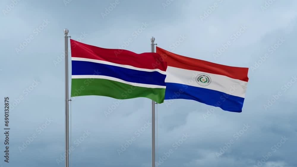 Paraguay flag and Gambia flag waving together on cloudy sky, endless seamless loop, two country relations concept Paraguay flag and Gambia flag waving together on cloudy sky, endless seamless loop, two country relations concept