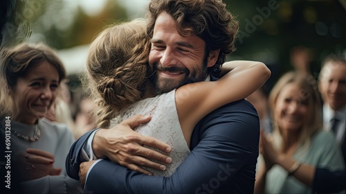 Man and woman embracing happily at a gathering with smiling people in the background. Emotion, celebration, and friendship concept.