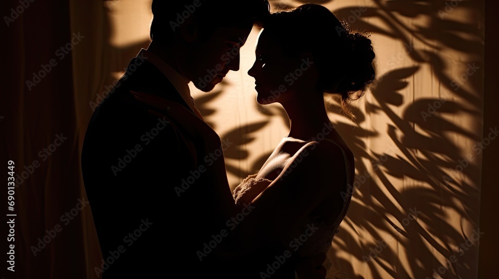 Silhouette of a bride and groom.