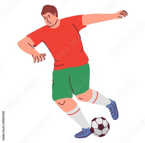 Football soccer player cartoon. Man kicking ball.Kick the ball soccer.Player quick shooting a ball.Isolated on white background.Character vector illustration.