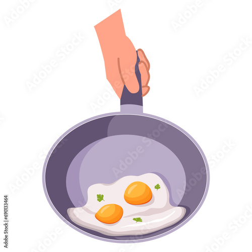 Fried eggs on frying pan.Fried egg breakfast cartoon.Flat omelet meal yolk.Fried egg.Healthy breakfast.Isolated on white background.Vector flat illustration.Frying pan in hand.