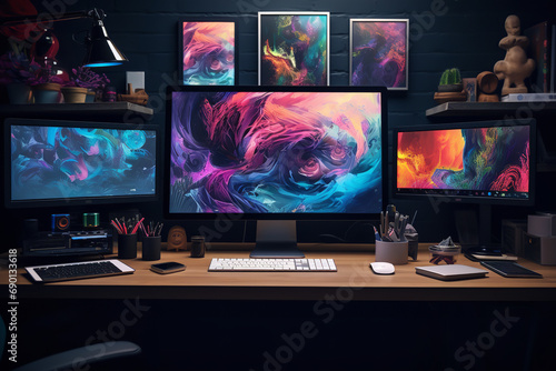  a graphic artist's desk equipped with a dual monitor setup, a digital drawing tablet, and surrounded by art posters, reflecting a vibrant and artistic workspace dedicated to digital creativity photo