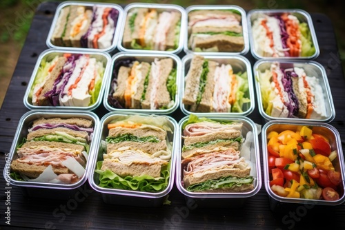 sandwiches lined up in lunchboxes before a hike