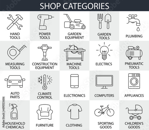 Tools, machines, electronics, household appliances and other categories of the online store. Collection of editable vector linear icons: power tools, clothing, furniture. 