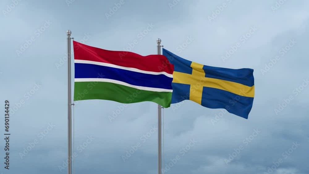Sweden and Gambia flag waving together on cloudy sky, endless seamless loop, two country cooperation concept Sweden and Gambia flag waving together on cloudy sky, endless seamless loop, two country cooperation concept