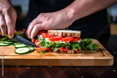 crop view of a person slicing a sandwich on a wooden board