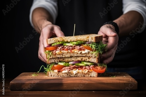 person a sandwich on a wooden board