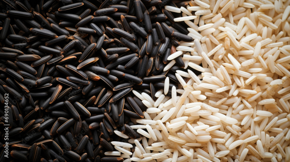 Top view of separated wild and white rice for background. Top view of separated wild and white rice for background.