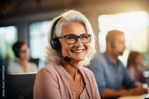 Smiling silver generation woman sitting in the office wearing headphones with a microphone. Concept work, training people in the silver age photo
