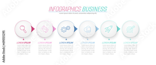 Business infographics. 6 stages of achieving the goal. Stages of the workflow, development, marketing, plan or training. Business strategy with icon icons. Report or statistics schema