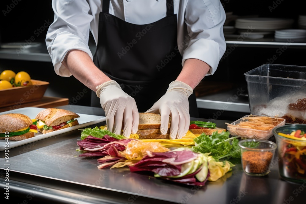 chef wearing gloves arranging sandwich ingredients neatly