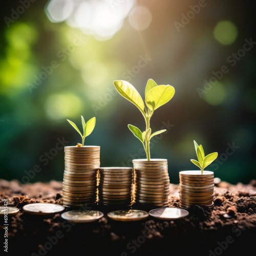 Seedlings sprouting from coin stacks on soil against a sunlit forest backdrop, symbolizing growth and investment.