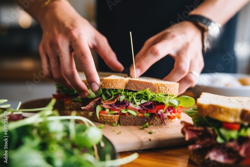 human hand garnishing a sandwich and a salad on the side