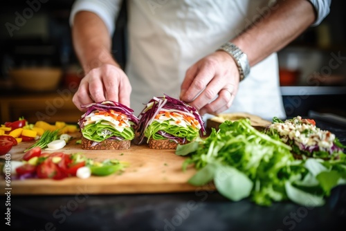 midsection view of a man preparing hearty club sandwiches