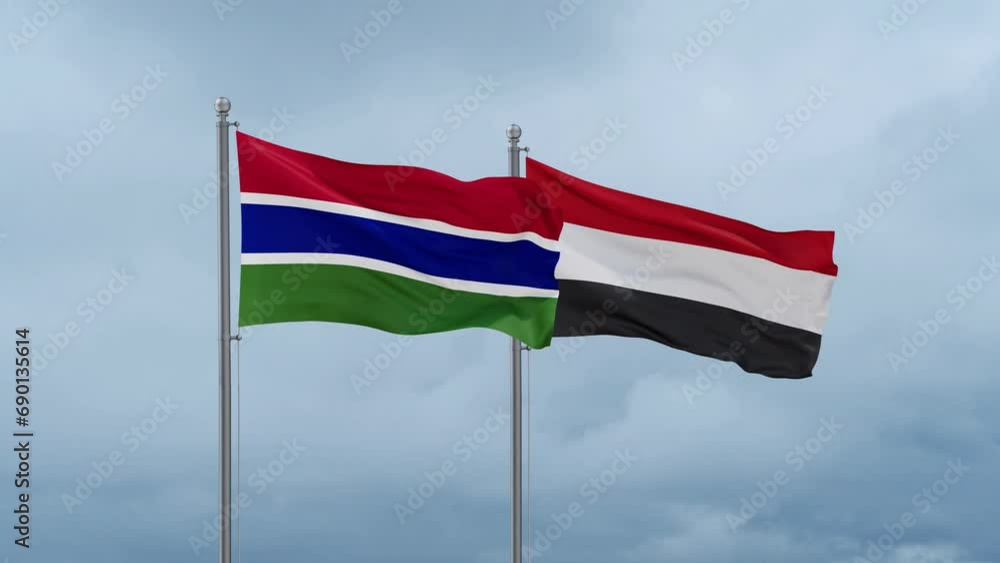 Yemen and Gambia flag waving together on cloudy sky, endless seamless loop, two country cooperation concept Yemen and Gambia flag waving together on cloudy sky, endless seamless loop, two country cooperation concept