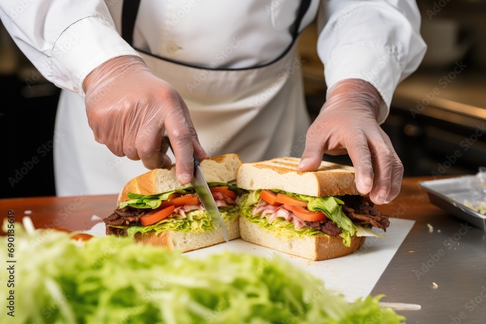 sandwich artist placing the final ingredient on a sandwich