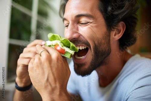 man biting into a fresh avocado and lettuce sandwich