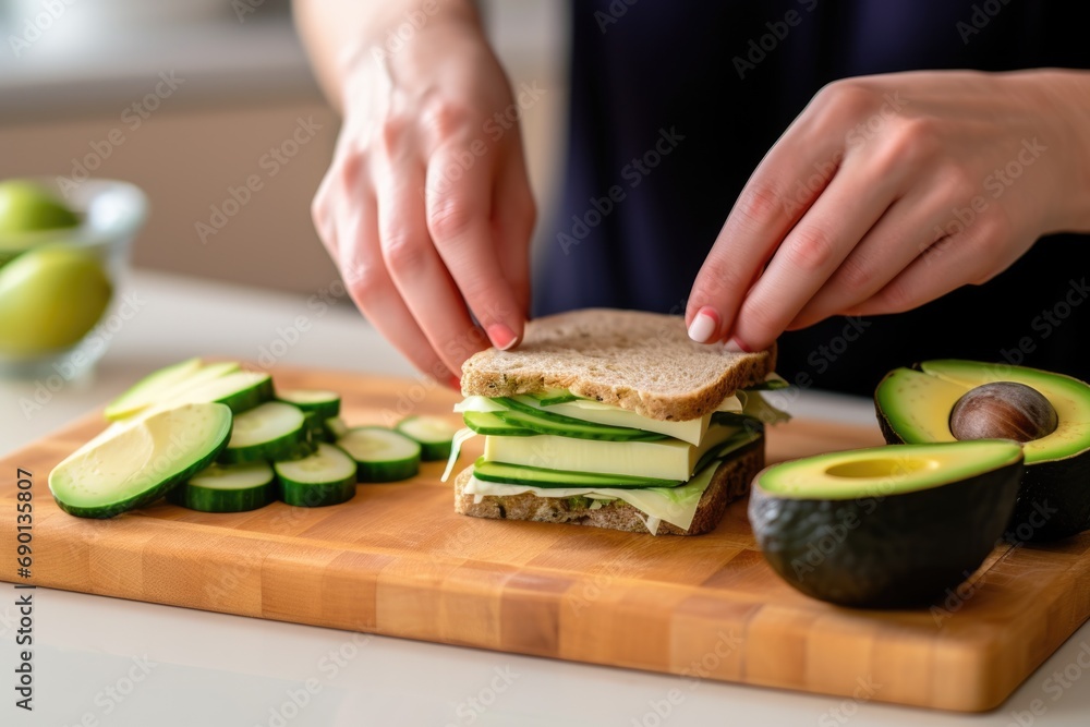 person assembling an avocado and cheese sandwich person assembling an avocado and cheese sandwich