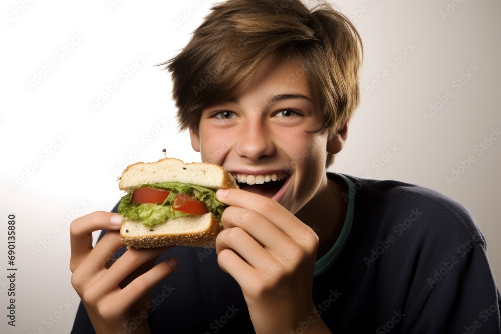 teenager eating an avocado-filled sandwich teenager eating an avocado-filled sandwich