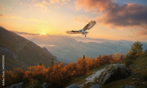Small white eagle flying higher in the sky and one owl is seeing that from the mountain peak © Muhammad