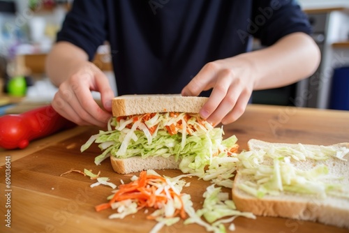 teenager making a sandwich with coleslaw at home