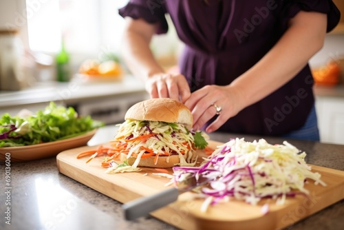 woman preparing sandwich topped with coleslaw