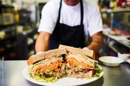 man in apron delivering sandwich with coleslaw at deli photo