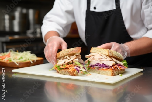 chef assembling a sandwich with fresh coleslaw