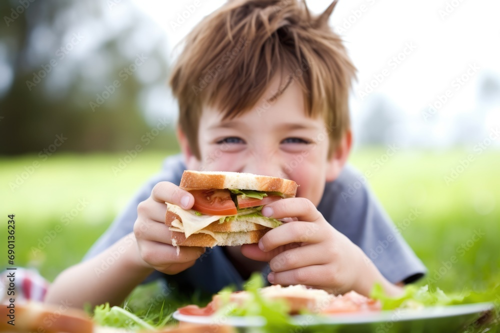 a child enjoying a crispy bacon sandwich at a picnic a child enjoying a crispy bacon sandwich at a picnic