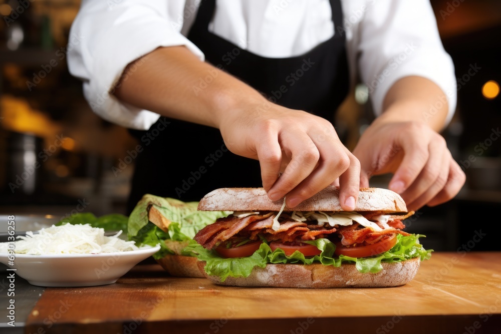 a chef placing crispy bacon on a bed of lettuce in a sandwich