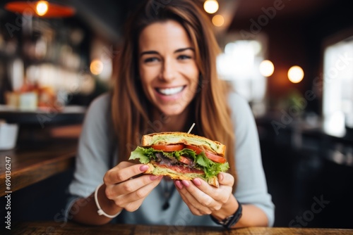 woman eating sandwich with crispy bacon in a caf      