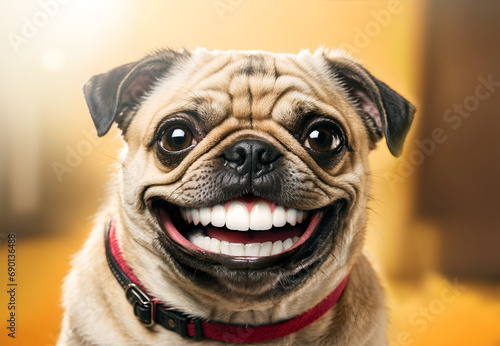 Cute smiling pug dog with human teeth