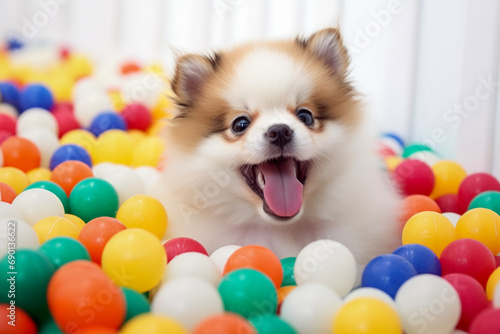Close up of cute pomeranian dog fun to jump around in a colorful ball in modern room. Animal concept of playing and enjoying.