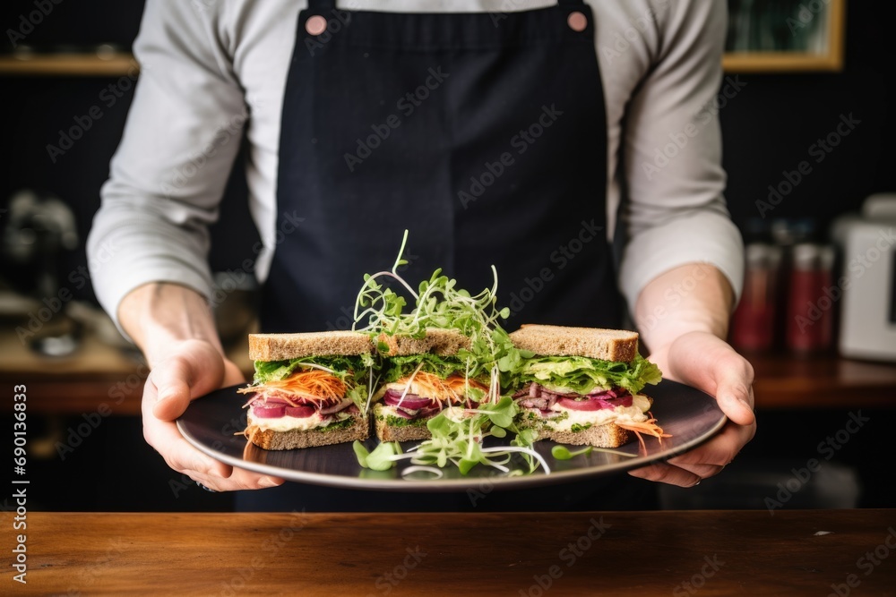 man presenting a plate with sandwich and microgreens