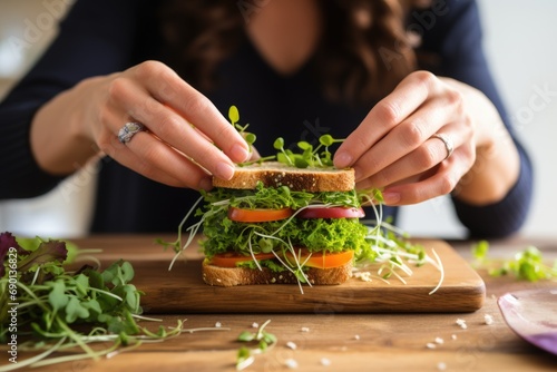 woman taking a bit of delicious sandwich with microgreen photo