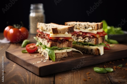multi-cheese sandwich on a wooden board