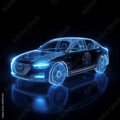Blue glowing car hologram with reflection on black background.