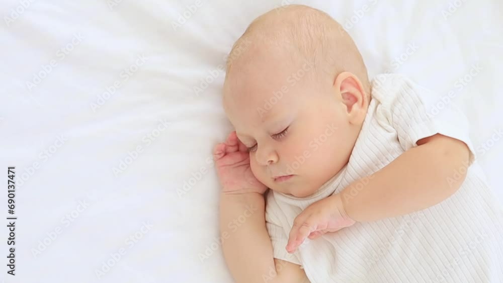 cute little newborn baby sleeps with his hand folded under his cheek, sweet healthy baby sleep in a white crib, a place for text cute little newborn baby sleeps with his hand folded under his cheek, sweet healthy baby sleep in a white crib, a place for text