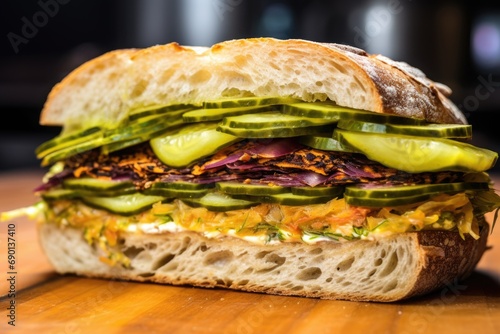 closeup shot of an artistically crafted sandwich with pickles in a bakery